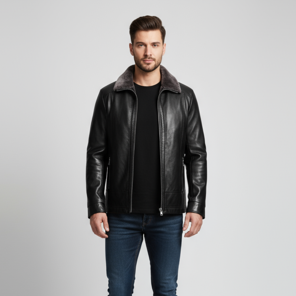 Men’s Leather Look Jacket with Shearling Collar – Premium, Warm & Timeless Style