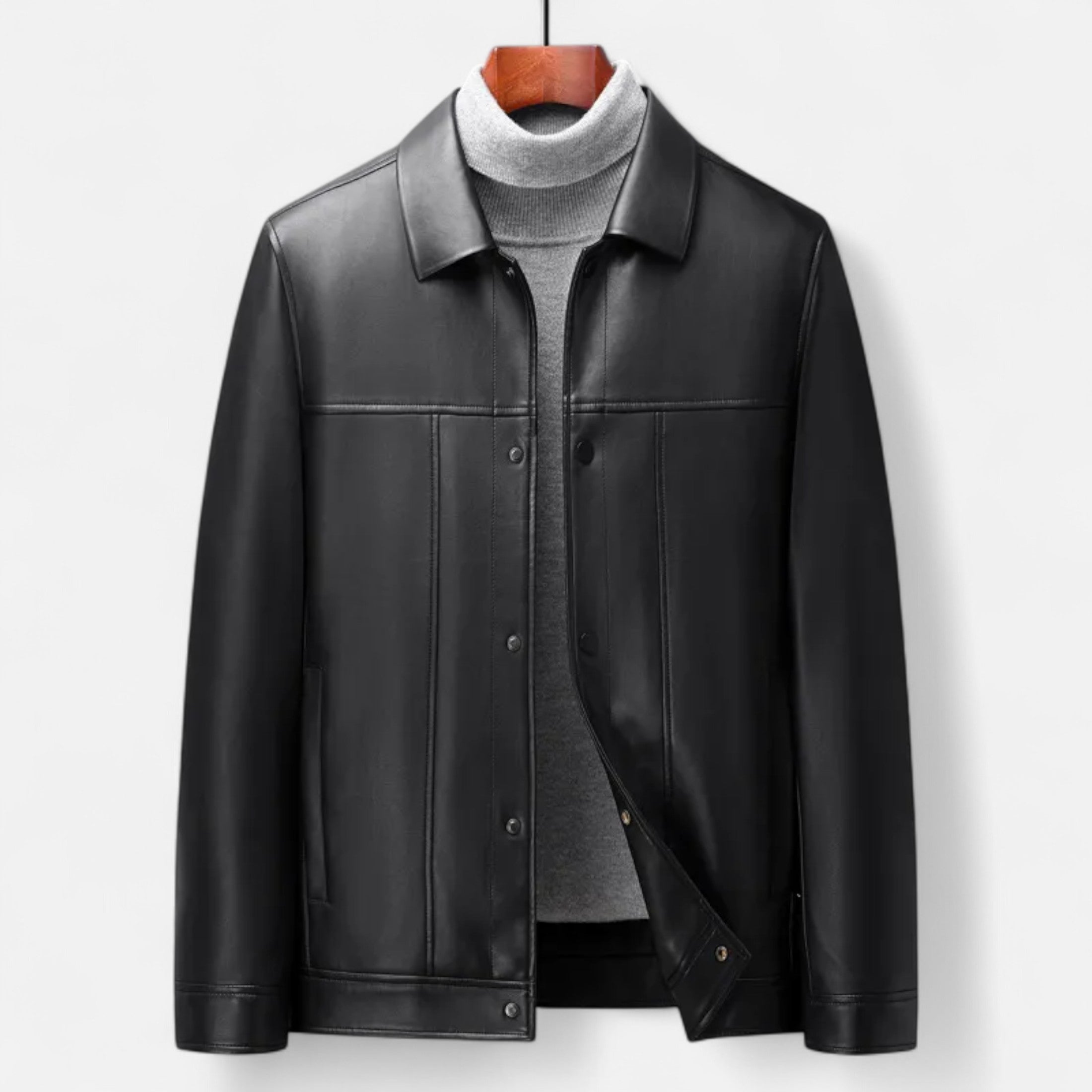 Dorevelle | Men’s Polo Leather Coat – Classic Straight-Hem Design