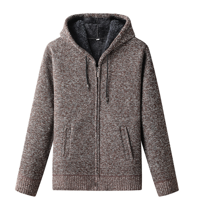 Men's Knitted Zip-Up Hoodie Cardigan with Soft Lining and Hood
