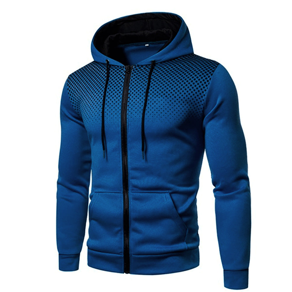 Men's Sporty Zip-Up Hoodie with Gradient Dot Print and Drawstring Hood