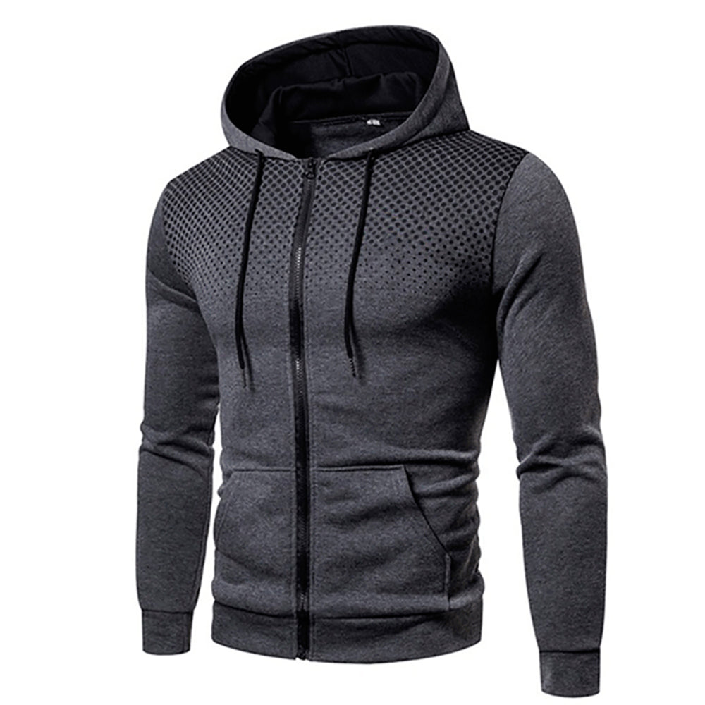 Men's Sporty Zip-Up Hoodie with Gradient Dot Print and Drawstring Hood