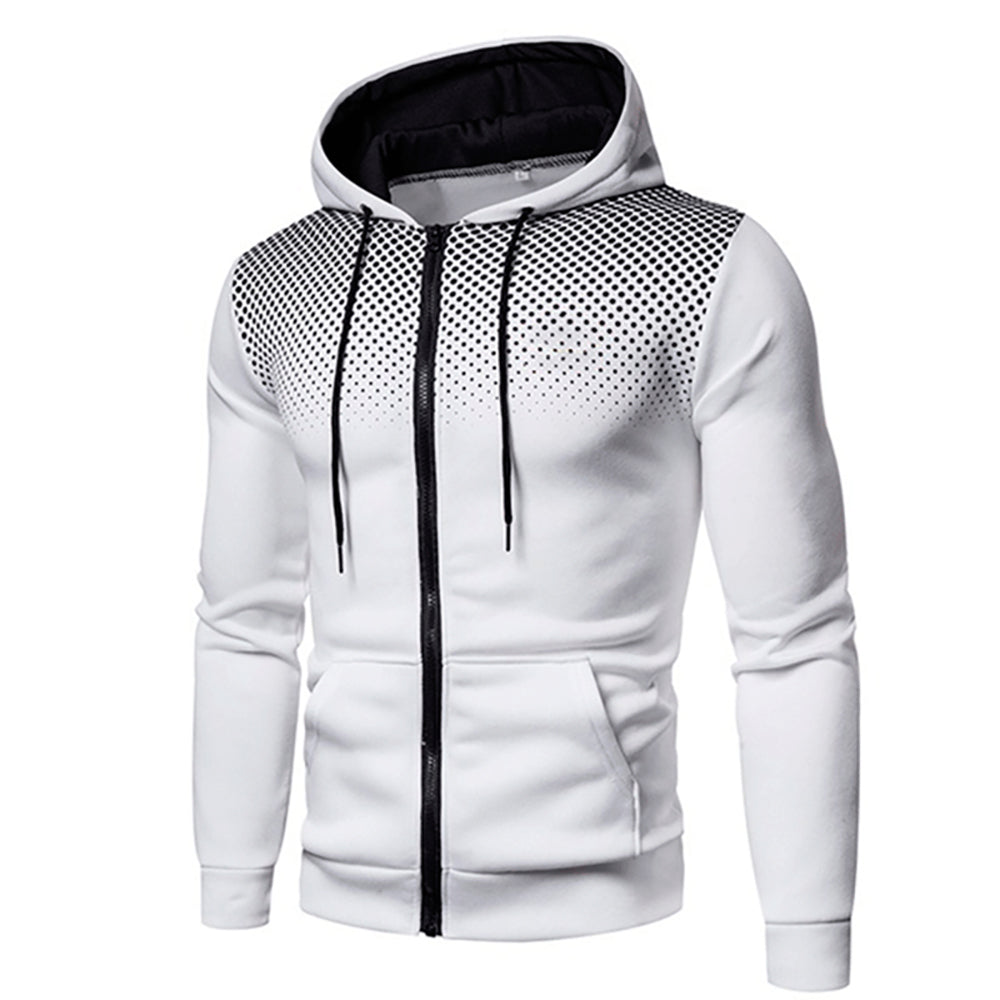 Men's Sporty Zip-Up Hoodie with Gradient Dot Print and Drawstring Hood