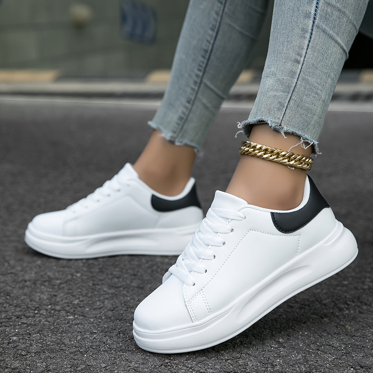 Women’s Classic White Sneakers – Black Heel Edition