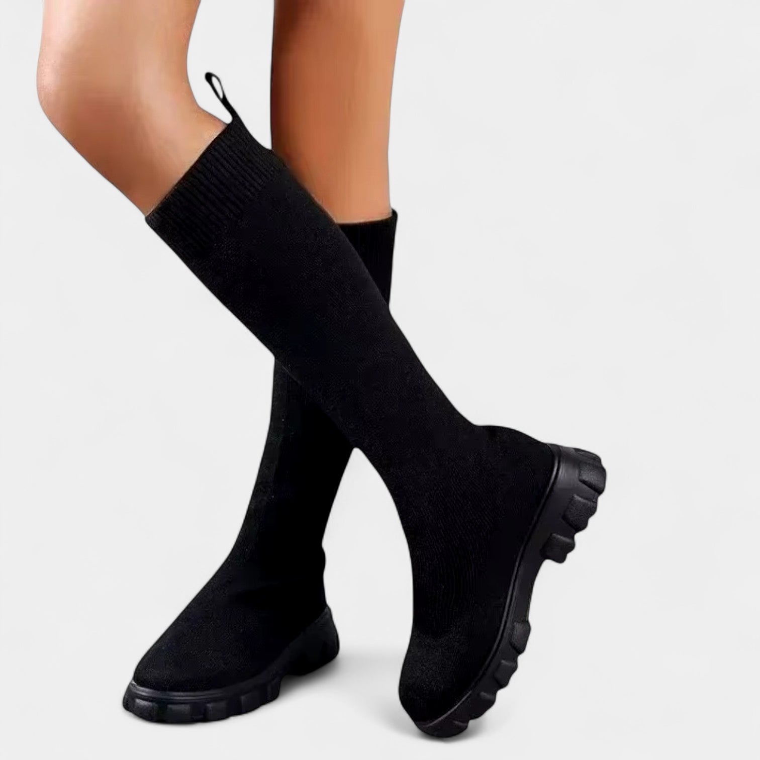 Women’s Sock Knee-High Boots – Chunky Sole, Pull-On Fit