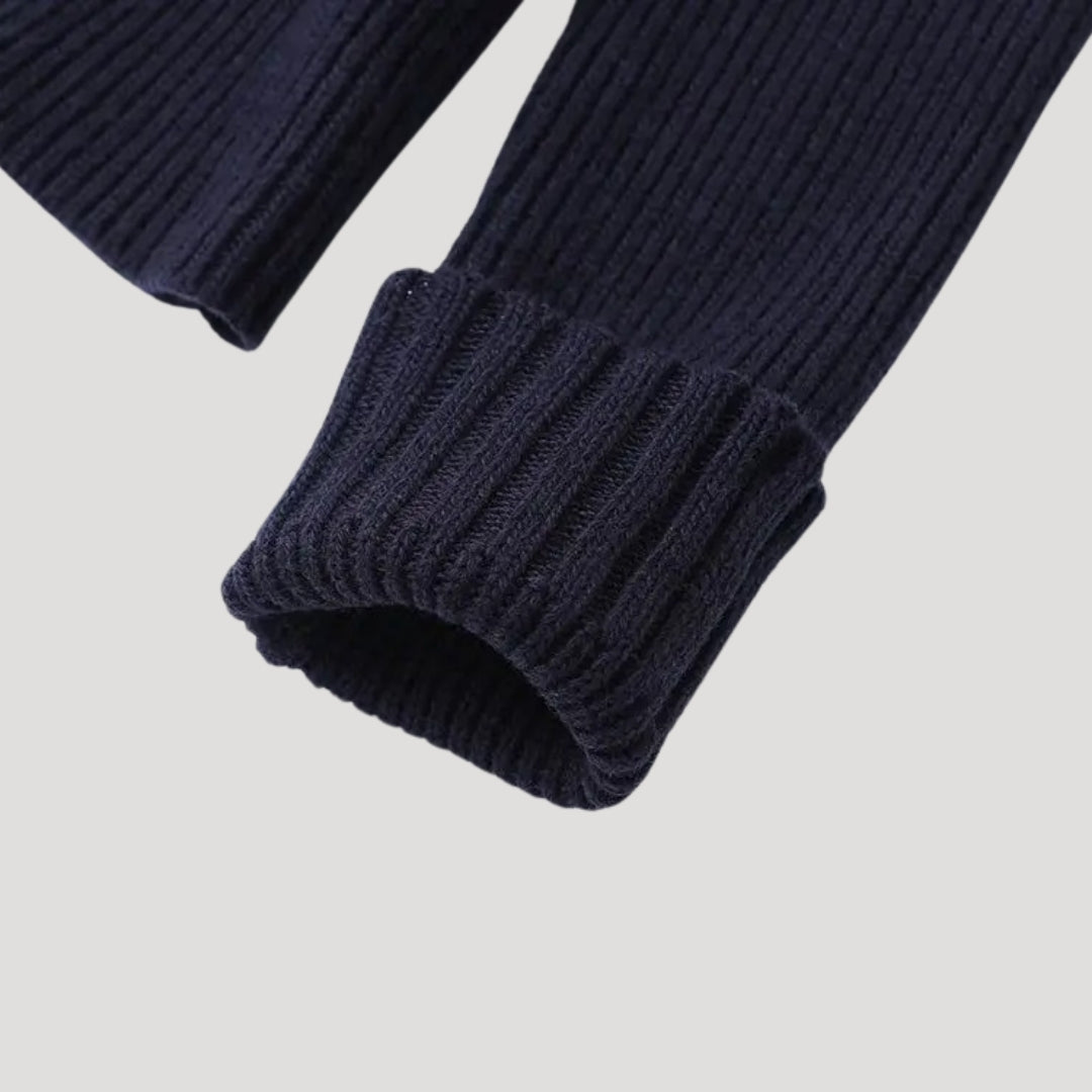 Women’s navy knit cardigan with denim trim