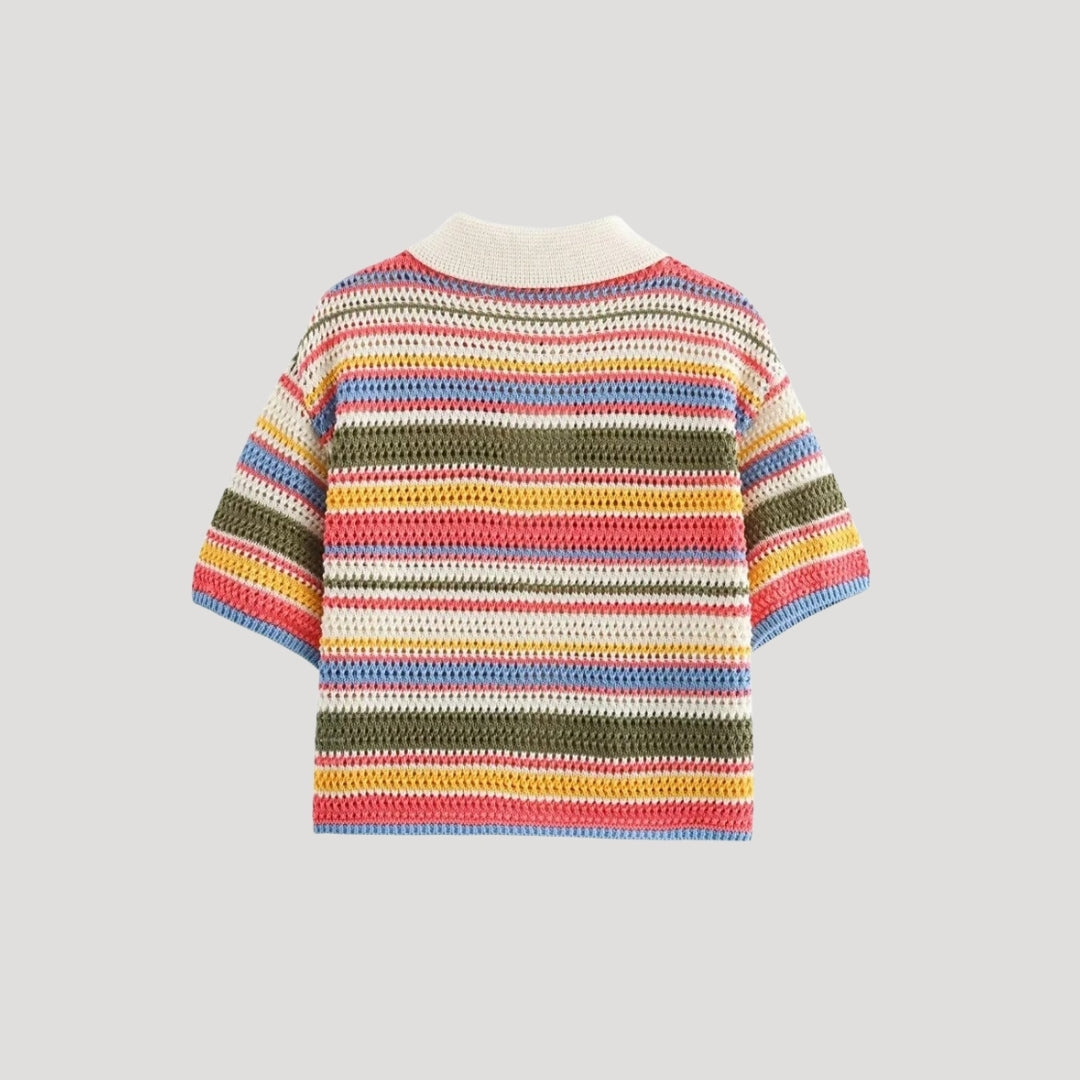 Striped crochet knit short-sleeve cardigan