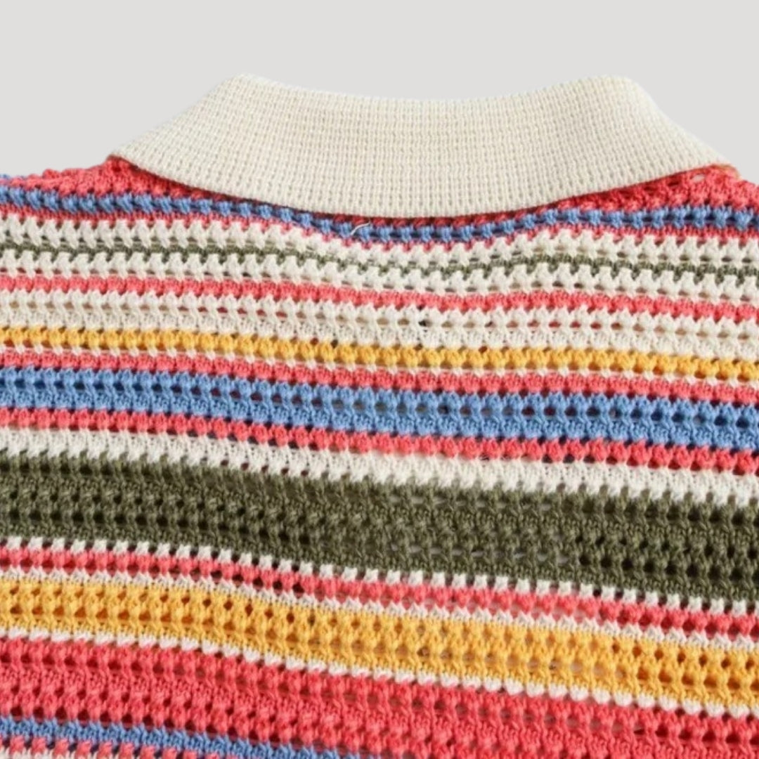 Striped crochet knit short-sleeve cardigan