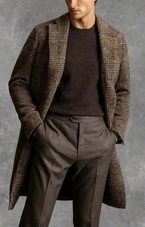 Premium Checked Wool Overcoat for Men – Classic Tailored Winter Coat