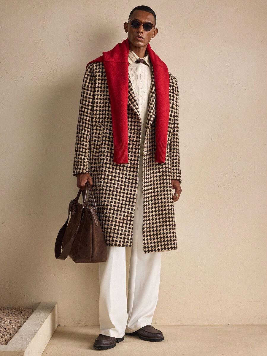 Men’s Vintage Checkered Wool Overcoat – Premium Long Winter Coat