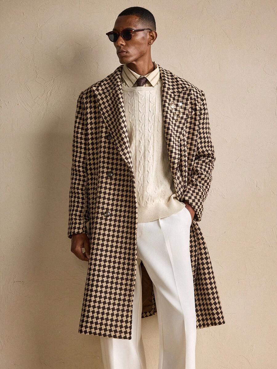 Men’s Vintage Checkered Wool Overcoat – Premium Long Winter Coat