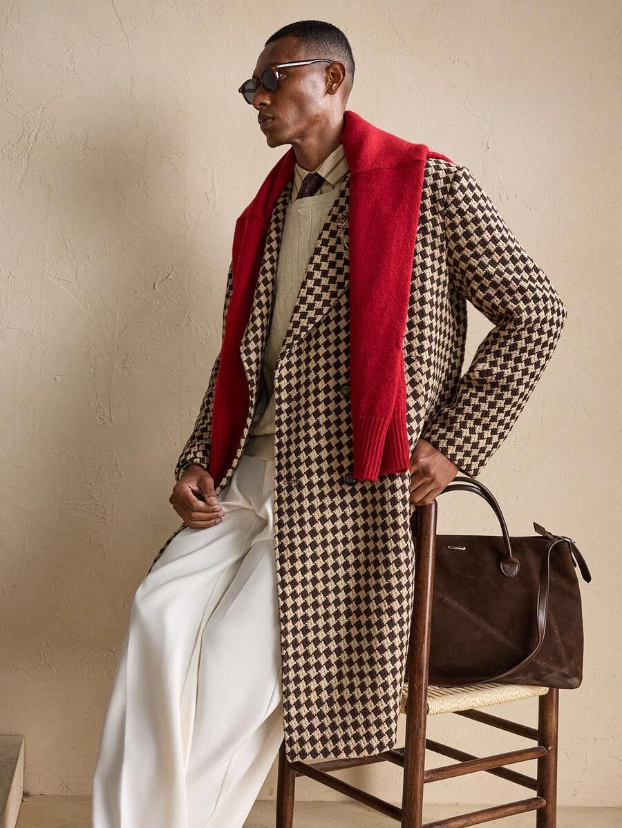 Men’s Vintage Checkered Wool Overcoat – Premium Long Winter Coat