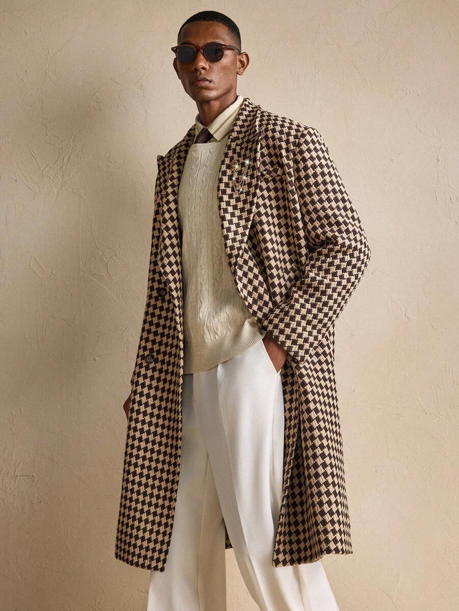 Men’s Vintage Checkered Wool Overcoat – Premium Long Winter Coat