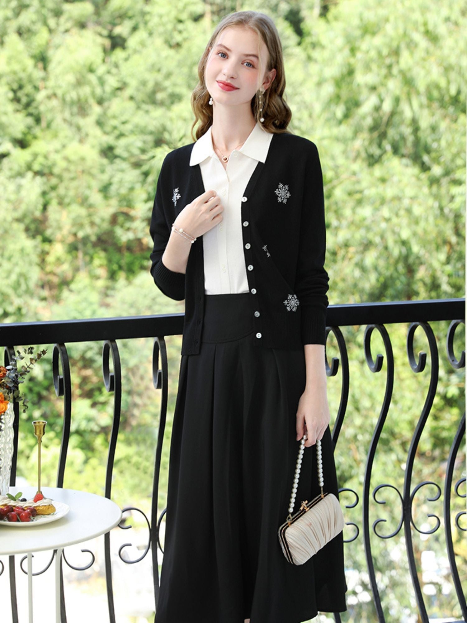 V-Neck Cardigan with Snowflake Embellishments