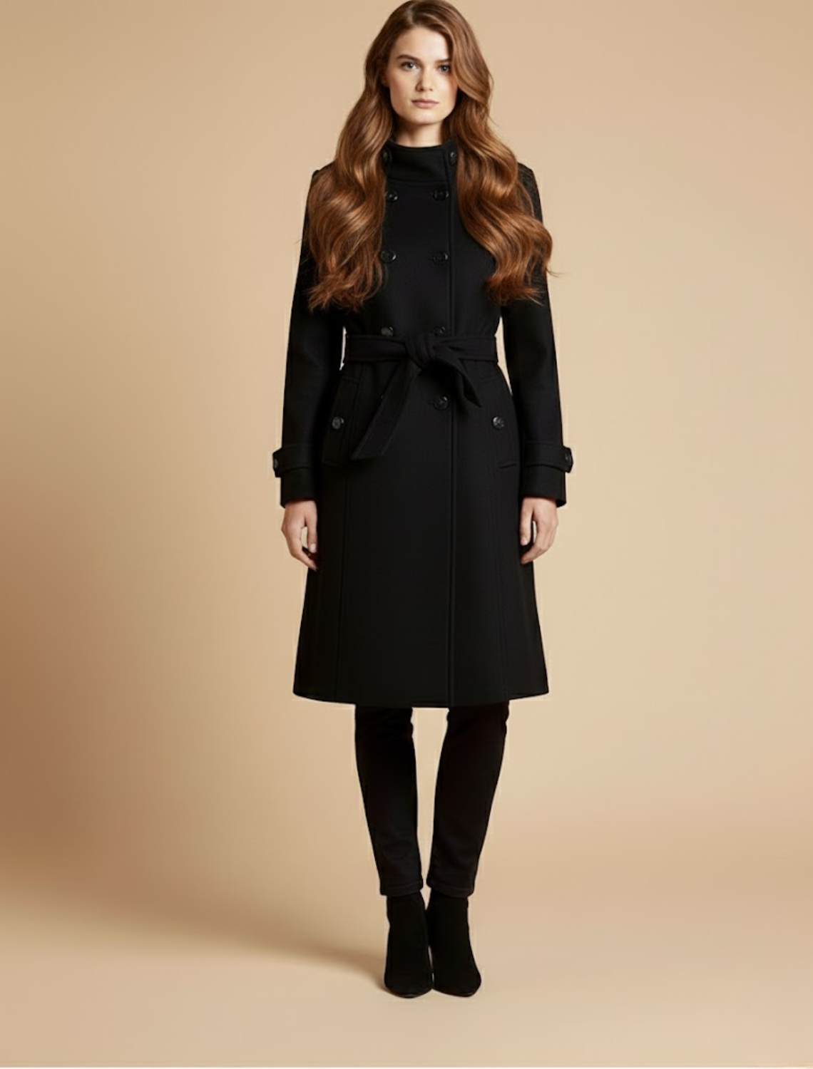 Elegant Double-Breasted Belted Long Coat – Timeless & Structured