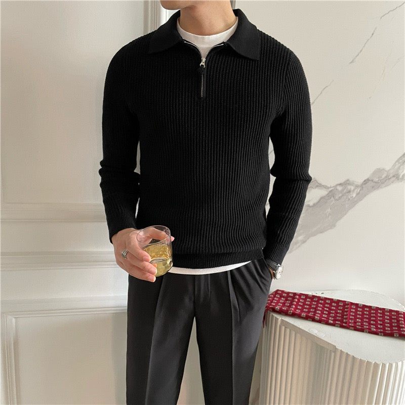 Men’s Half-Zip Polo Knit Sweater – Premium Textured Cotton Blend
