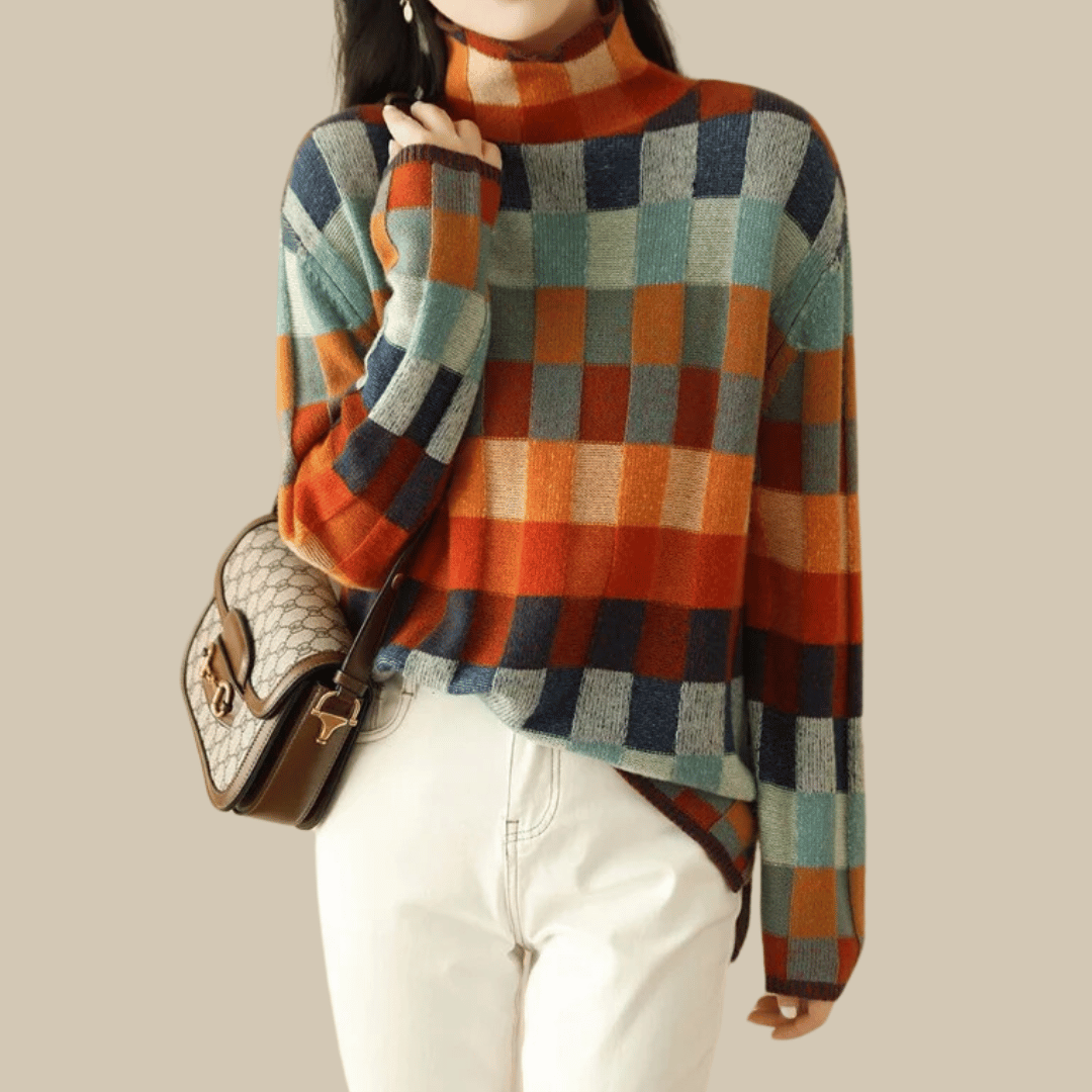 Women’s Soft Checkered Turtleneck Sweater – Cozy Retro Patchwork Knit