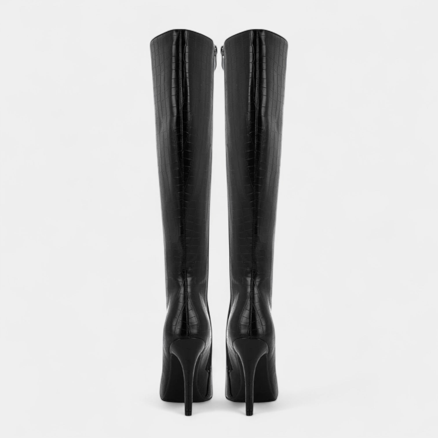 Women’s Croc-Effect Knee-High Boots – Pointed Toe, High Heel