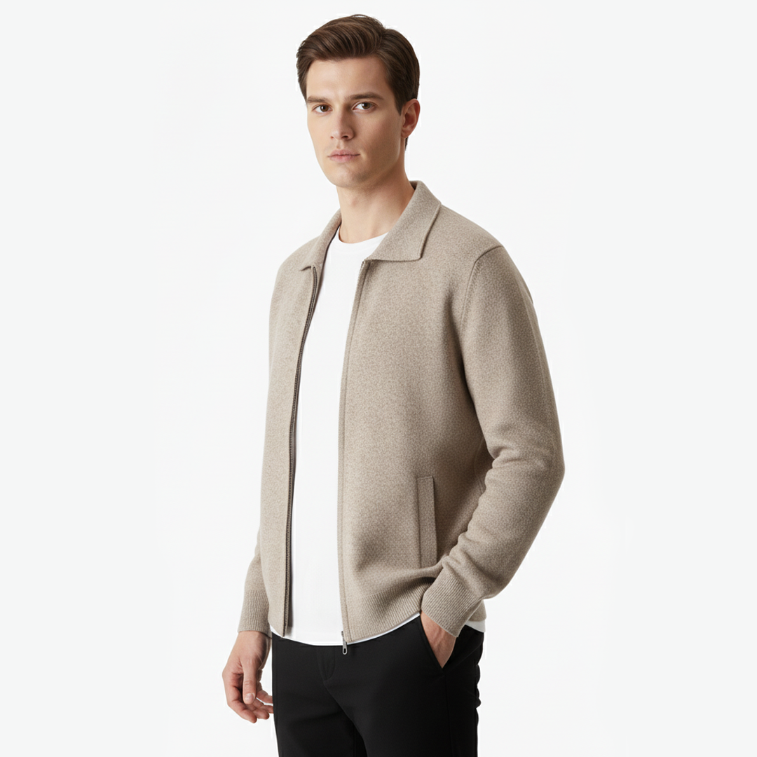 Men’s Zip-Up Knitted Cardigan – Soft Wool Blend with Classic Collar