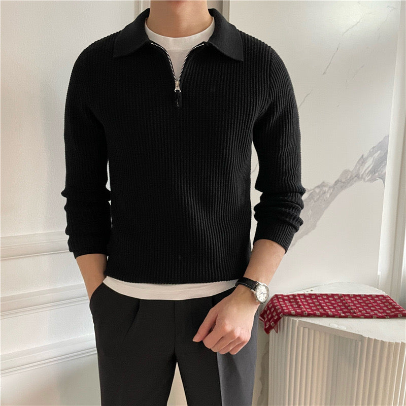 Men’s Half-Zip Polo Knit Sweater – Premium Textured Cotton Blend