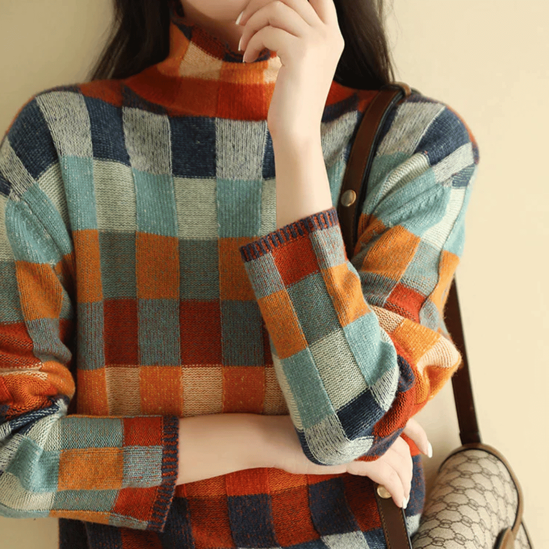 Women’s Soft Checkered Turtleneck Sweater – Cozy Retro Patchwork Knit