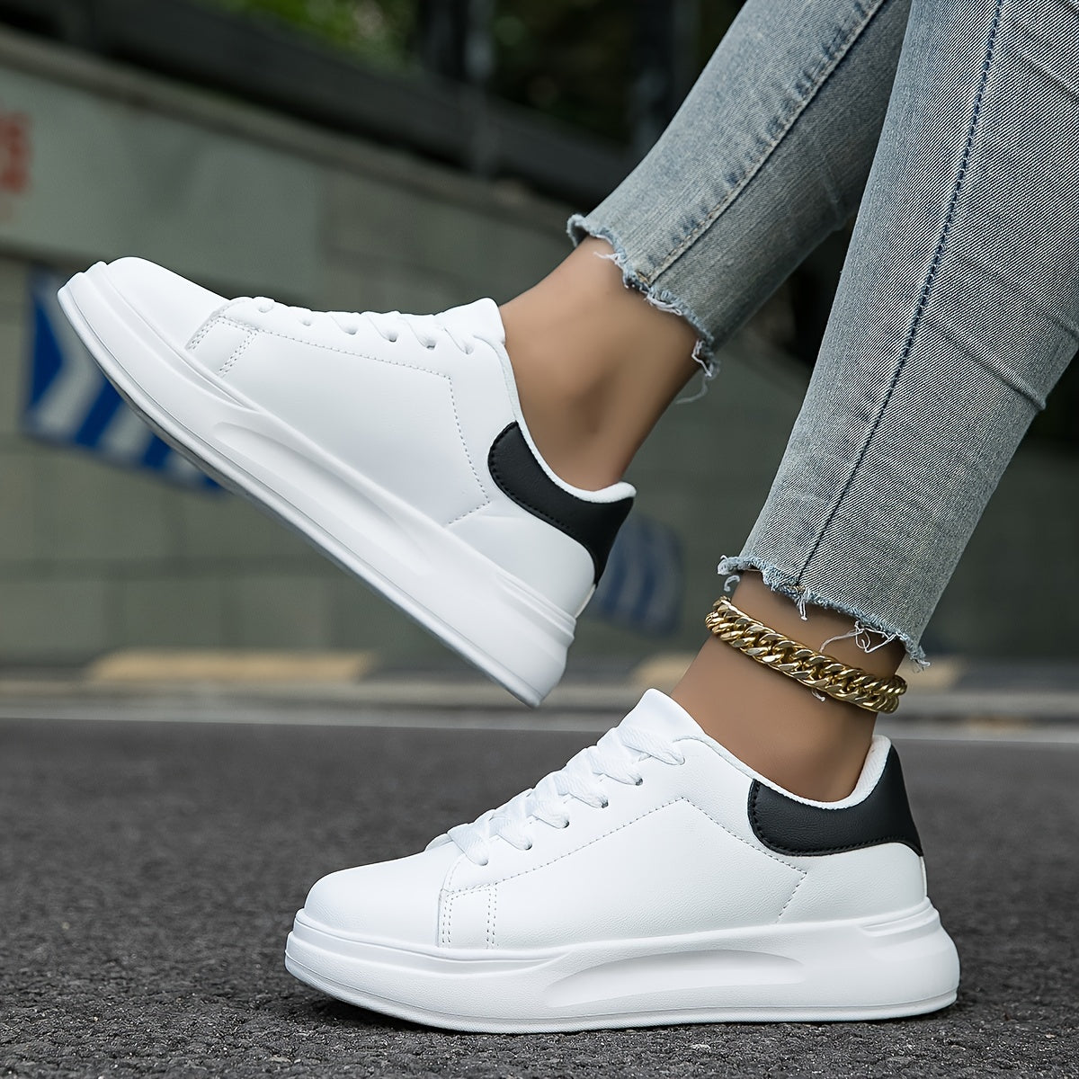 Women’s Classic White Sneakers – Black Heel Edition