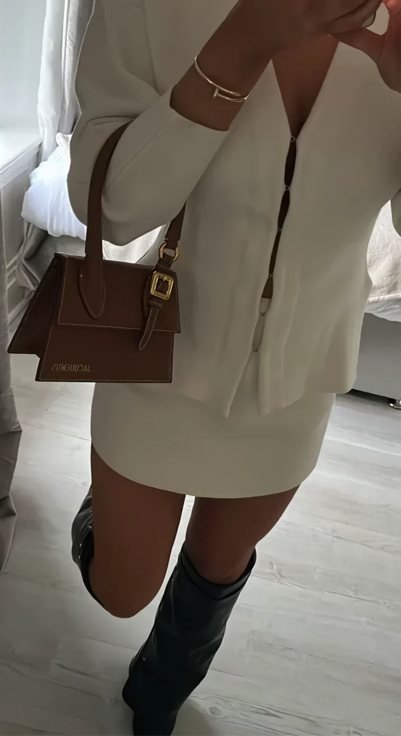 Women’s Two-Piece Button Front Skirt Set – Elegant Long-Sleeve Top & Mini Skirt