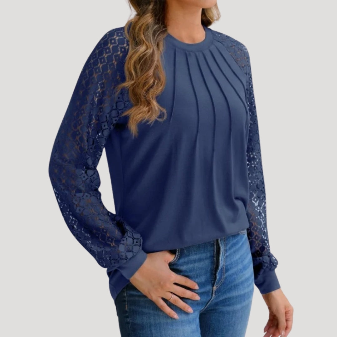 Blush Pink Blouse with Lace Sleeves & Pleated Front