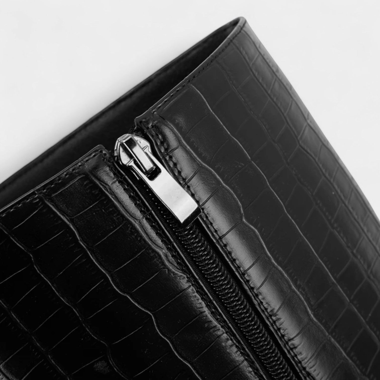 Women’s Croc-Effect Knee-High Boots – Pointed Toe, High Heel