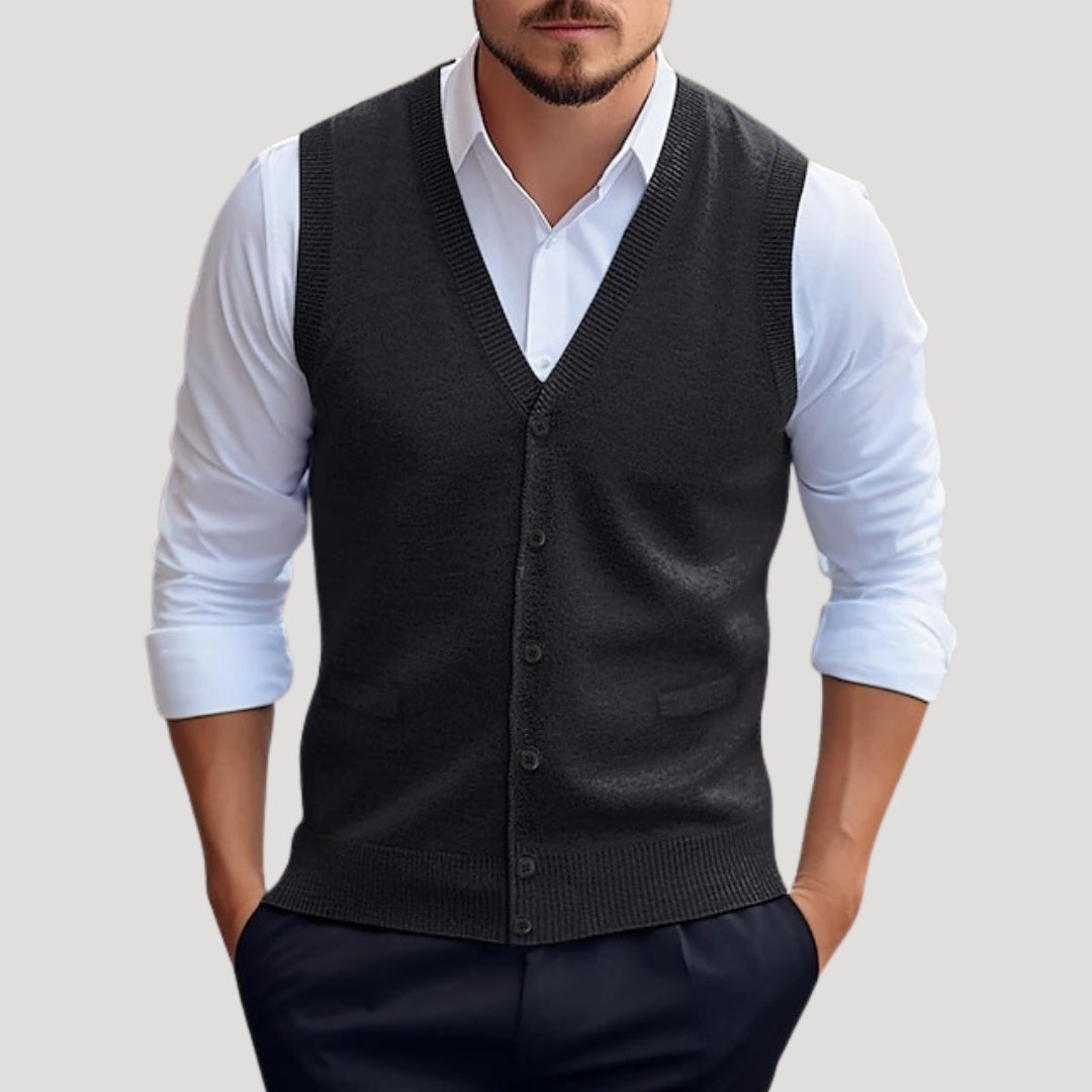 Men’s Classic Knitted Button-Up Vest – Smart Casual Sleeveless Sweater