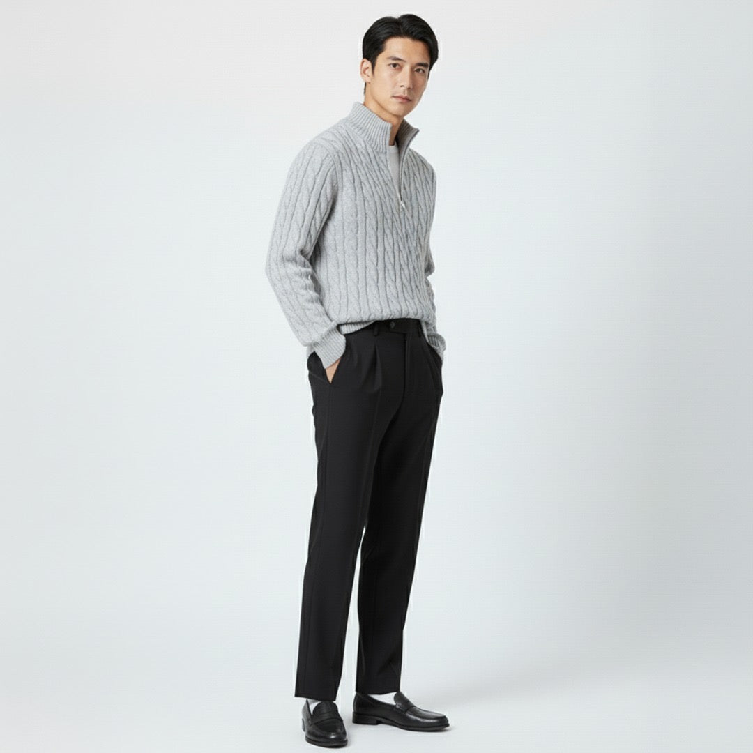 Cable Knit Zip Sweater & Tailored Trousers Set – Modern Smart Style by Luxoo