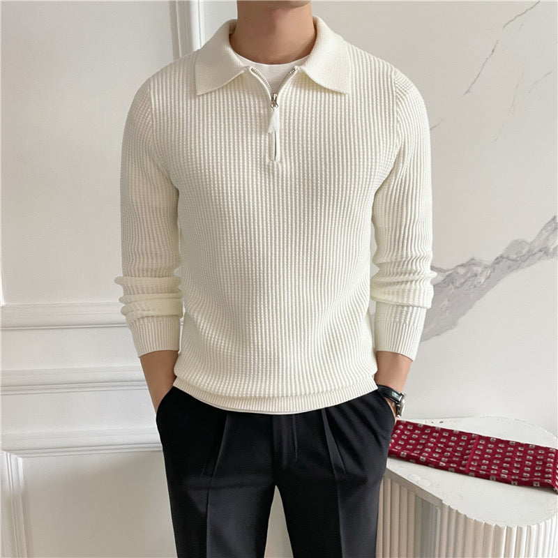 Men’s Half-Zip Polo Knit Sweater – Premium Textured Cotton Blend