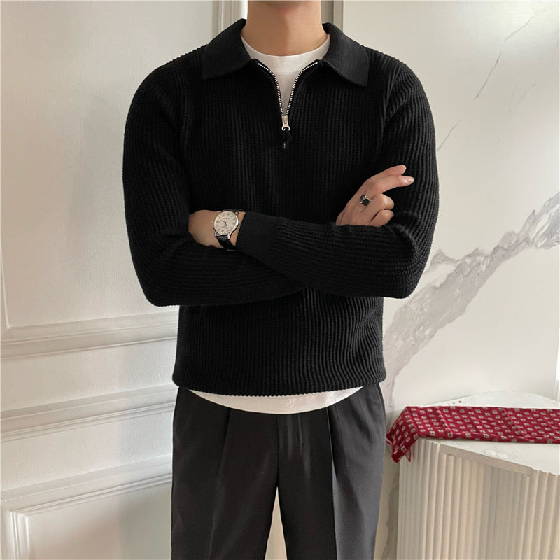 Men’s Half-Zip Polo Knit Sweater – Premium Textured Cotton Blend