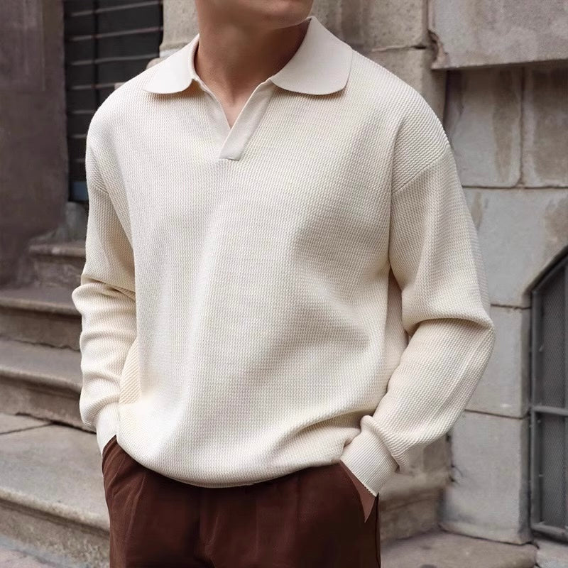 Men’s Knitted Polo Sweater – Lightweight Soft Cotton Blend Long Sleeve