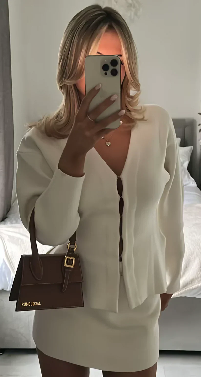 Women’s Two-Piece Button Front Skirt Set – Elegant Long-Sleeve Top & Mini Skirt