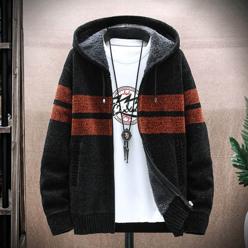 Men's Fleece-Lined Zip Hoodie with Drawstring Hood and Striped Design