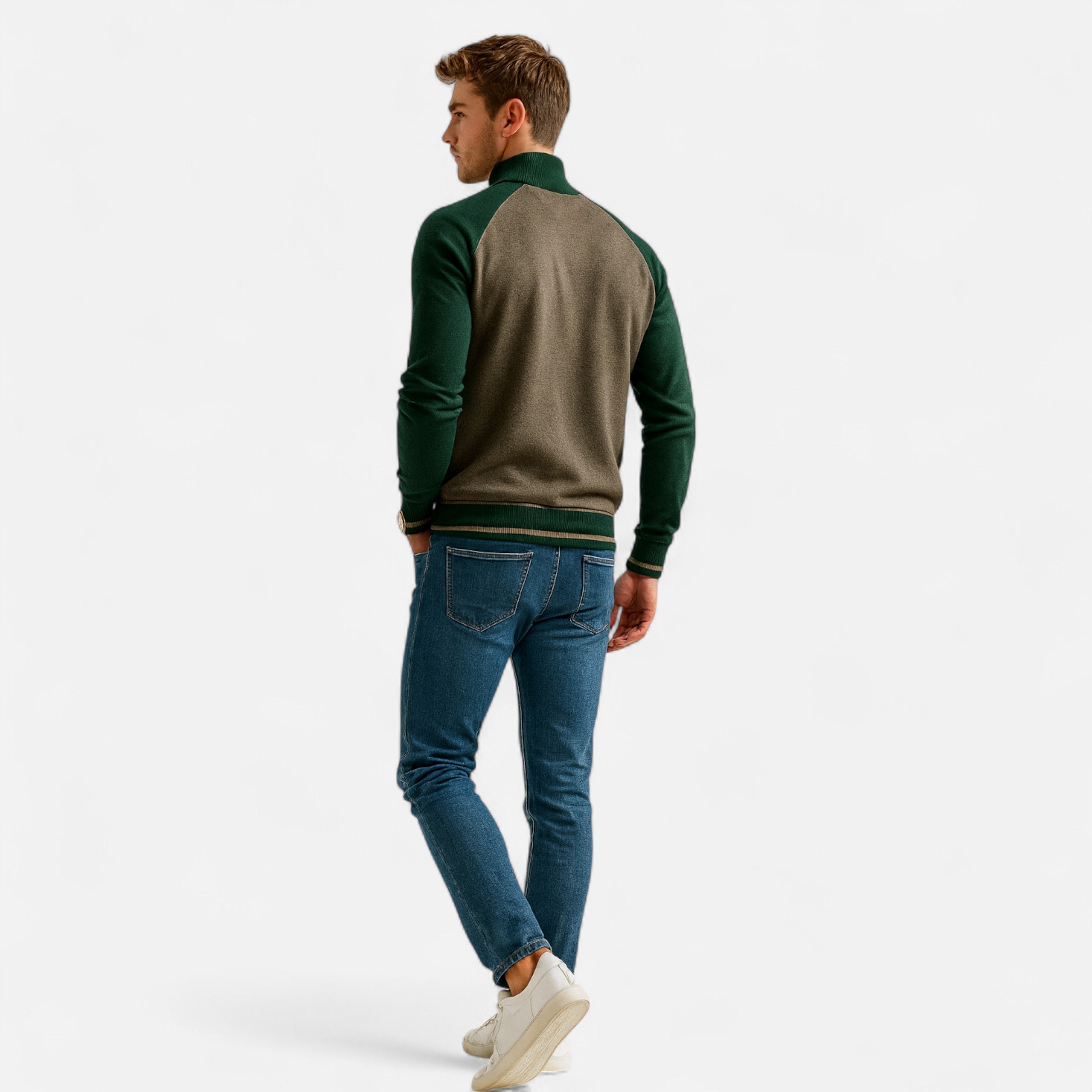 Heritage Zip-Up Knit Sweater – Dual-Tone Comfort & Classic Style