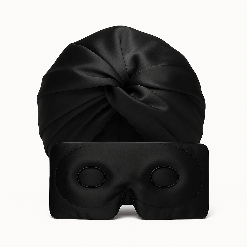 Zijden hairbonnet en slaapmasker voor glanzend haar en uitgeruste ogen
