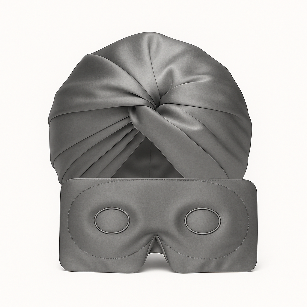 Zijden hairbonnet en slaapmasker voor glanzend haar en uitgeruste ogen