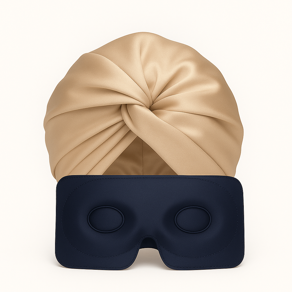 Complete slaapset van zijde – bonnet en masker