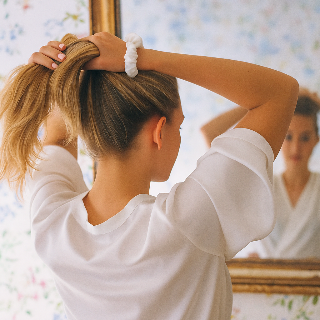 Vrouw met een luxe zijden scrunchie van Luxoo. Haarvriendelijk, stijlvol en duurzaam haaraccessoire dat pluis en breuk voorkomt en je look elegant maakt.