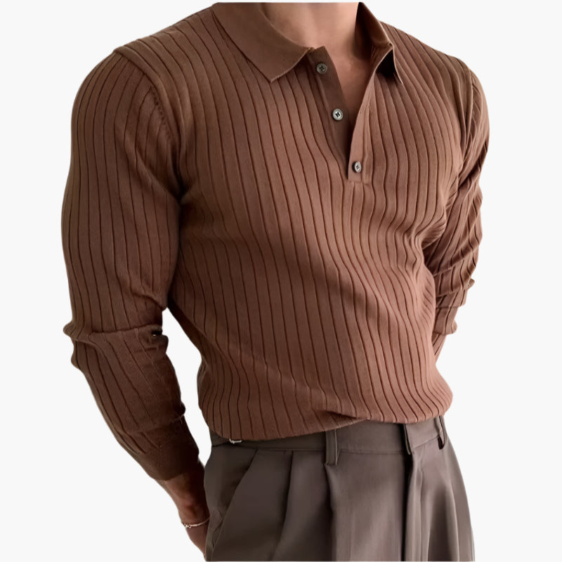 Men’s Ribbed Knit Polo – Slim Fit Long Sleeve Smart Casual Shirt