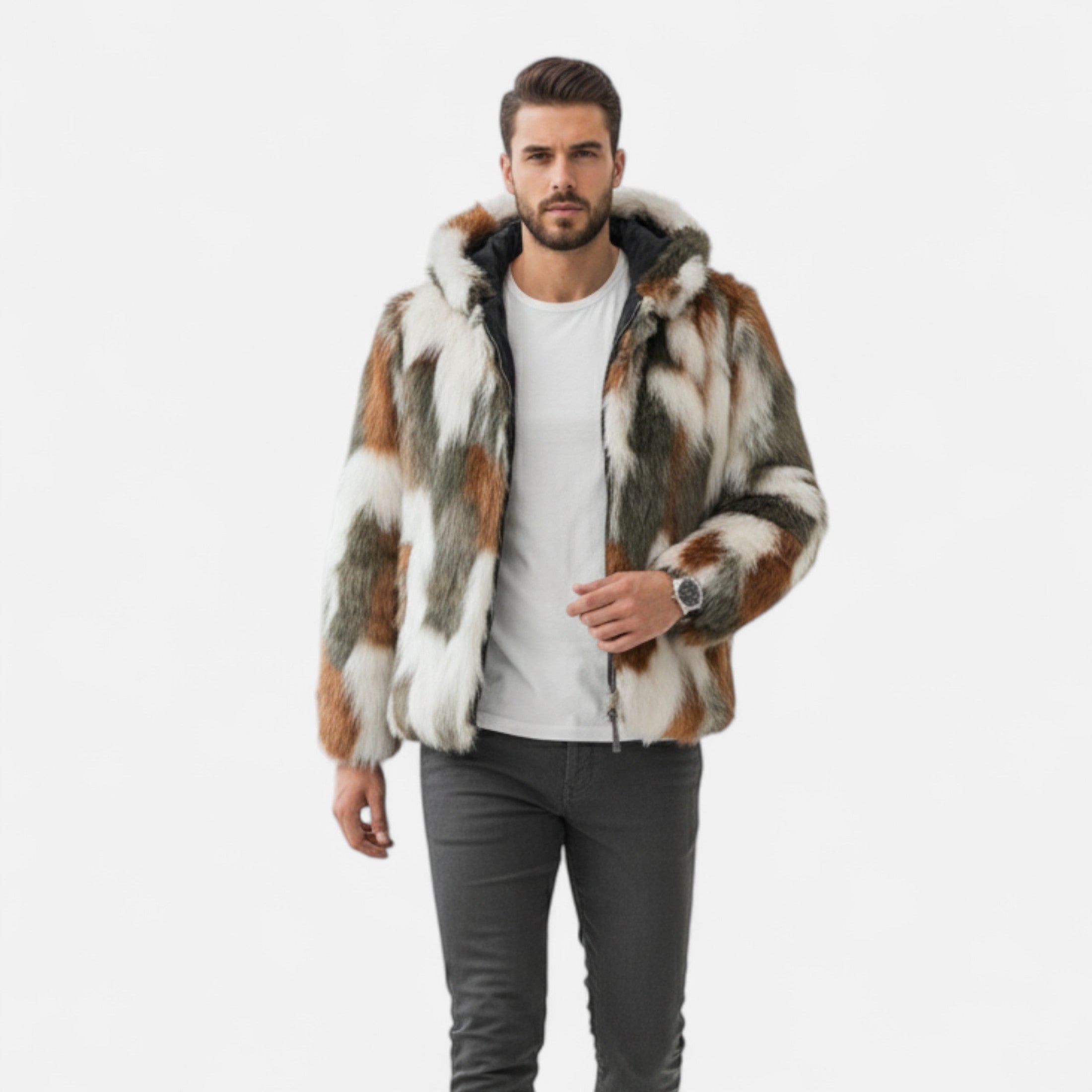 Men’s Premium Faux Fur Hooded Jacket – Luxury Winter Edition