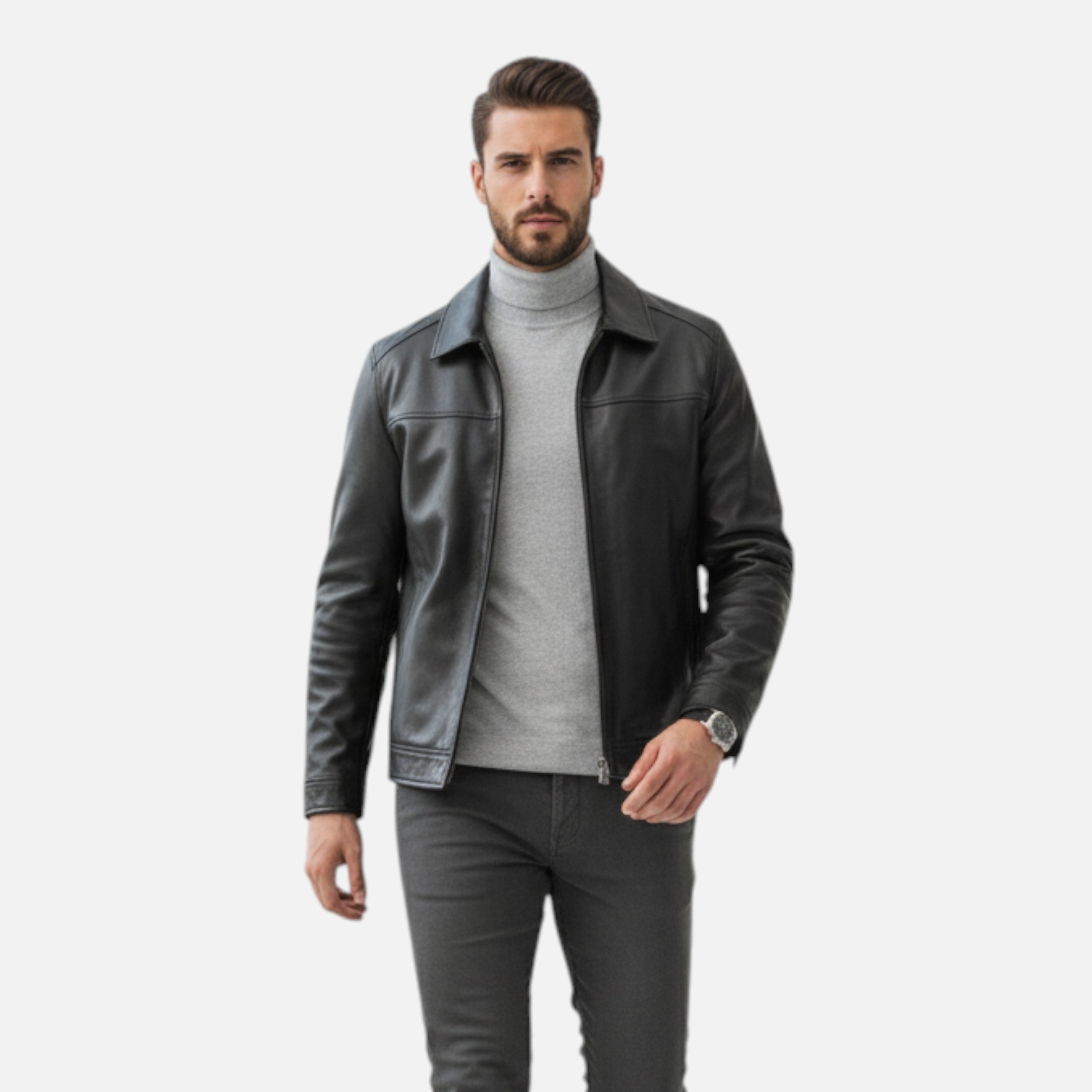 Dorevelle | Men’s Polo Leather Coat – Classic Straight-Hem Design