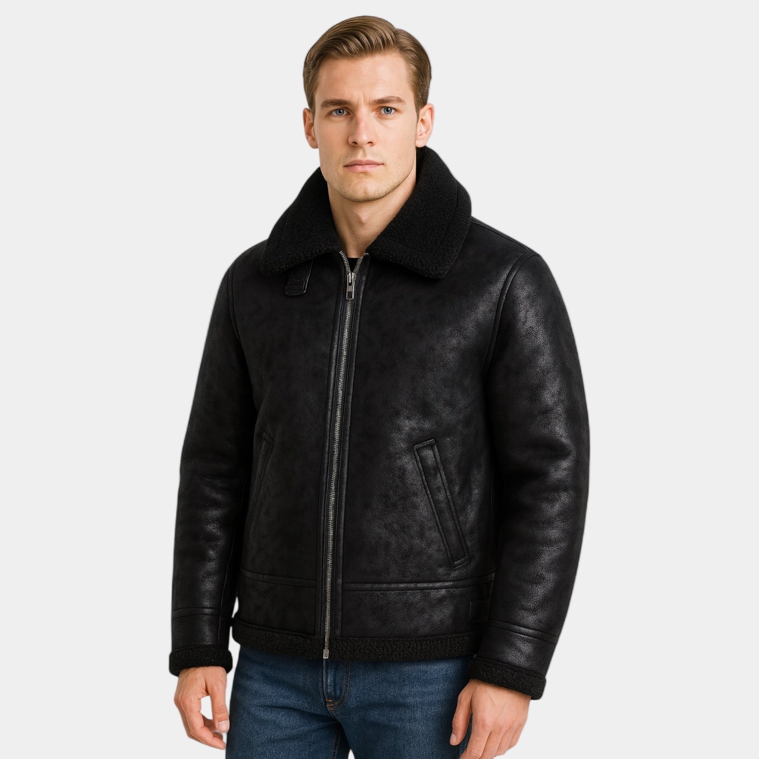 Men’s Faux Shearling Aviator Jacket – Warm, Premium Look & Winter-Ready
