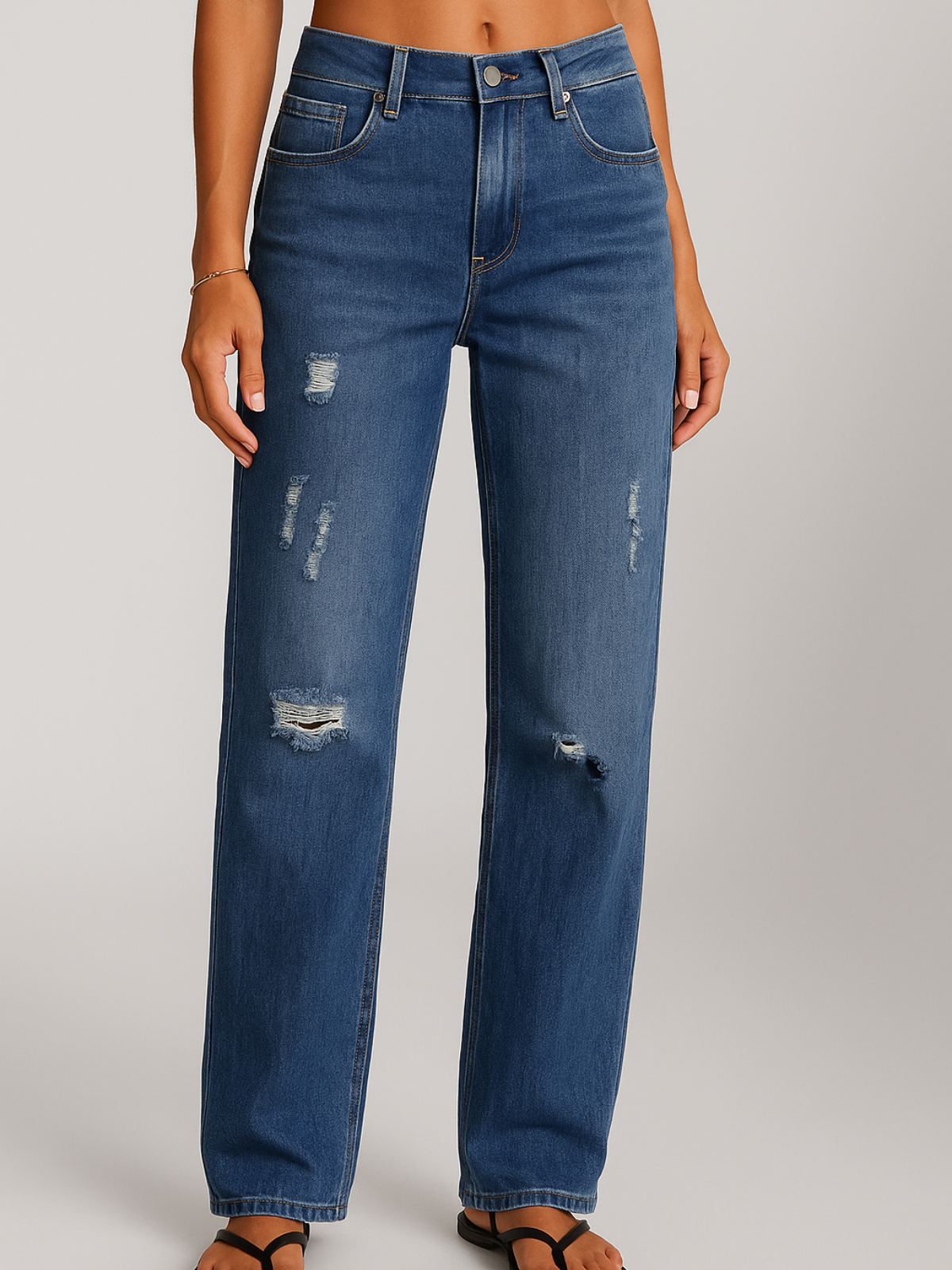 High-Waisted Straight-Leg Distressed Jeans
