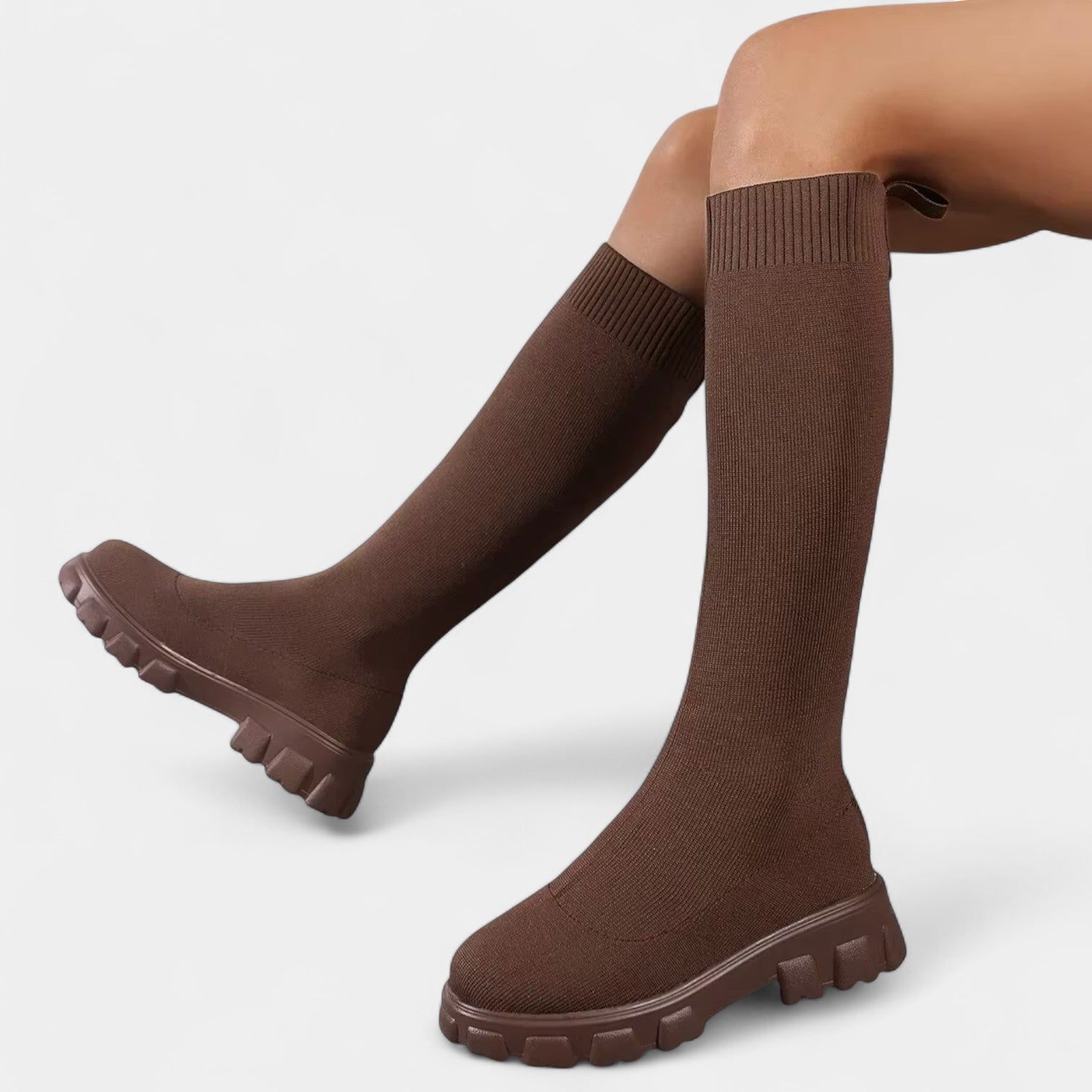 Women’s Sock Knee-High Boots – Chunky Sole, Pull-On Fit