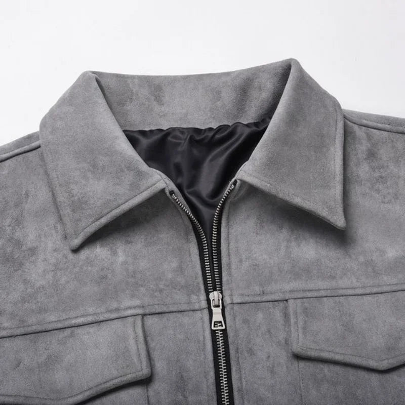 Men’s Premium Suede Cargo Jacket – Modern Grey Streetwear