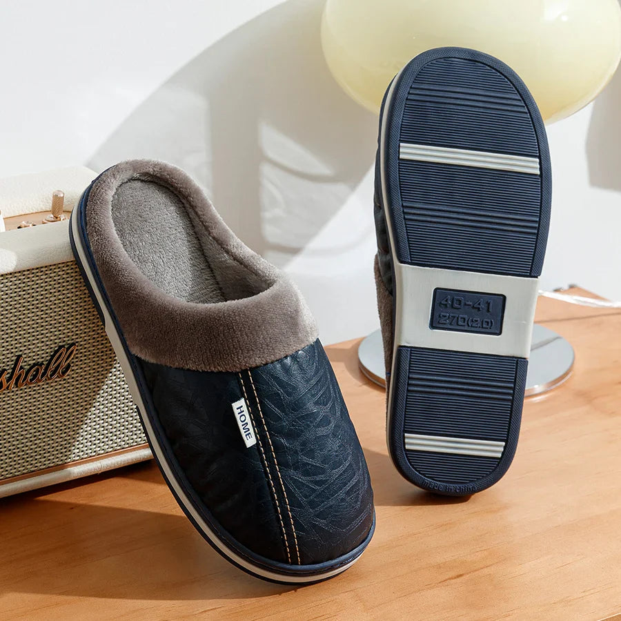 Men’s Winter Warm Slippers – Faux Leather Design & Soft Fur Lining
