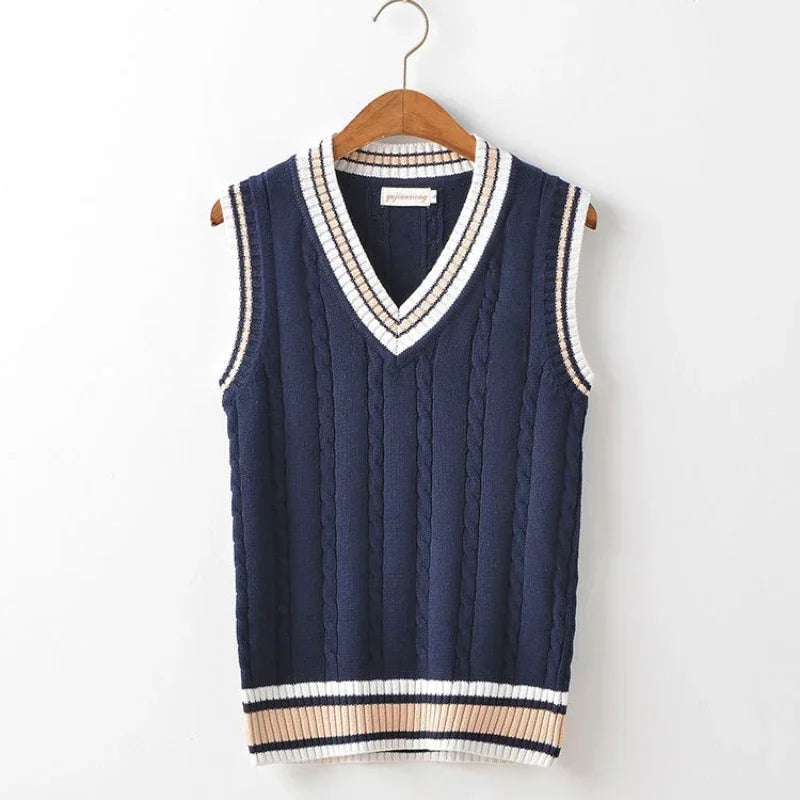 Preppy Knit Cable Sweater Vest – Classic V-Neck Layer
