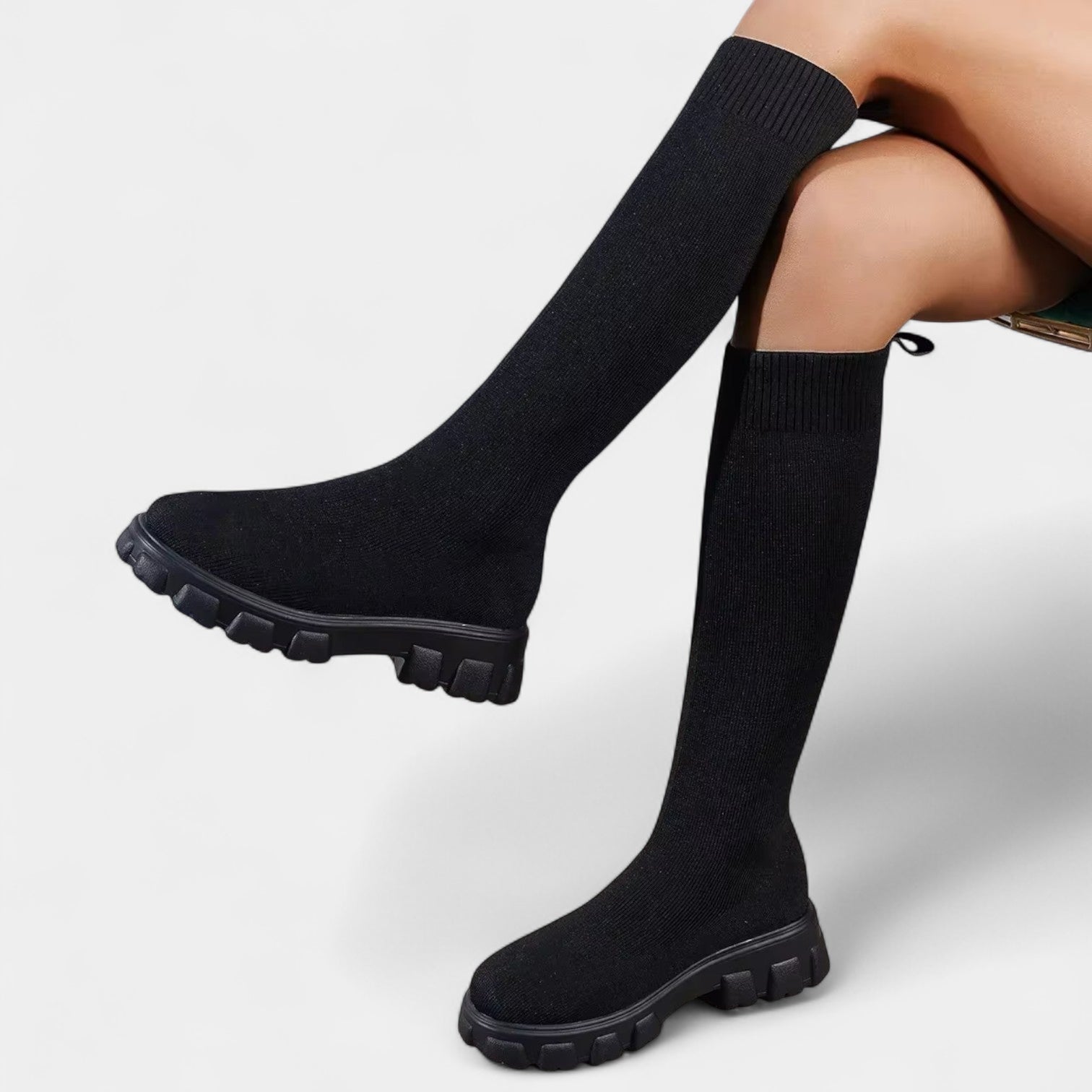 Women’s Sock Knee-High Boots – Chunky Sole, Pull-On Fit